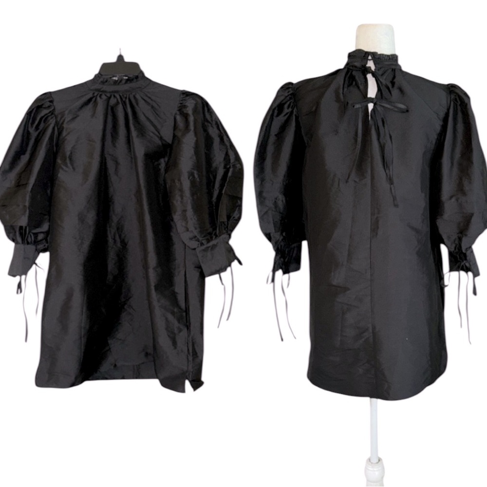 Topshop Black Pleated Tie Puff Sleeve High Neck Mini Dress - 6